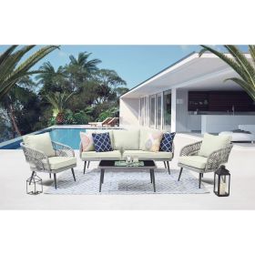 Manhattan Comfort Riviera Rope Wicker 4-Piece 5 Seater Patio Conversation Set with Cushions in Cream