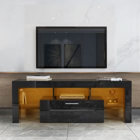 Black morden TV Stand with LED Lights; high glossy front TV Cabinet; can be assembled in Lounge Room; Living Room or Bedroom; color:BLACK