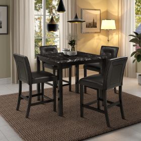 5-Piece Kitchen Table Set Faux Marble Top Counter Height Dining Table Set with 4 PU Leather-Upholstered Chairs (Black)