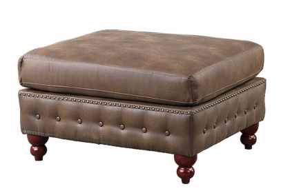 1pc Cocktail Ottoman Dark Coffee Breathable Leatherette Tufted Nailhead Wooden Legs Living Room Furniture