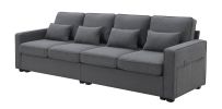 [VIDEO provided] [New] 104" 4-Seater Modern Linen Fabric Sofa with Armrest Pockets and 4 Pillows,Minimalist Style Couch for Living Room, Apartment, Of