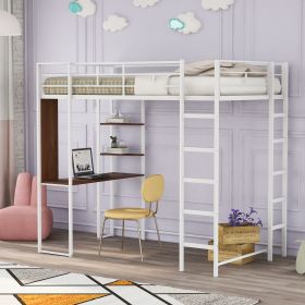 Twin Metal Loft Bed with 2 Shelves and one Desk (Color: White)