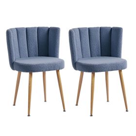 Modern dining chair(set of 2) with iron tube wood color legs, shorthair cushions and comfortable backrest, suitable for dining room, living room, cafe (Color: Blue, Material: Fabric)