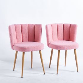 Modern dining chair(set of 2) with iron tube wood color legs, shorthair cushions and comfortable backrest, suitable for dining room, living room, cafe (Color: Light Pink, Material: Fabric)