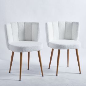 Modern dining chair(set of 2) with iron tube wood color legs, shorthair cushions and comfortable backrest, suitable for dining room, living room, cafe (Color: White, Material: Fabric)