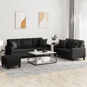 3 Piece Sofa Set with Pillows Black Faux Leather (Color: Black)